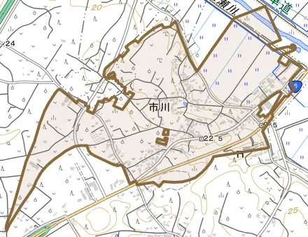 市川とその周辺の地図。町の範囲を重ねている