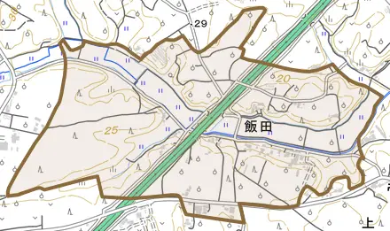 飯田とその周辺の地図。町の範囲を重ねている