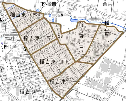 稲吉東とその周辺の地図。町の範囲を重ねている