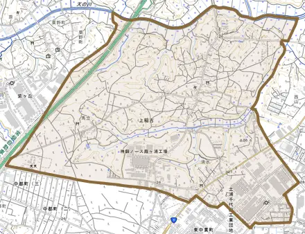 上稲吉とその周辺の地図。町の範囲を重ねている