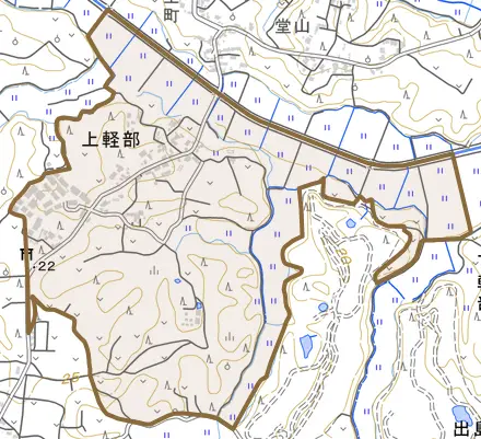 上軽部とその周辺の地図。町の範囲を重ねている