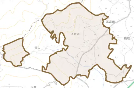 上佐谷とその周辺の地図。町の範囲を重ねている
