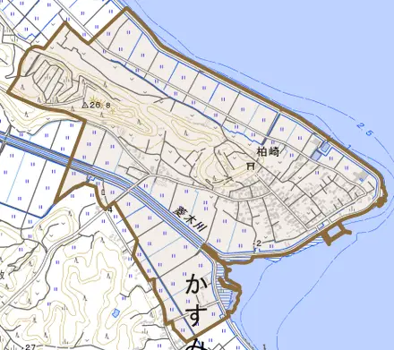 柏崎とその周辺の地図。町の範囲を重ねている