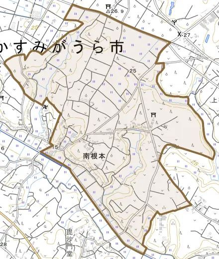 南根本とその周辺の地図。町の範囲を重ねている