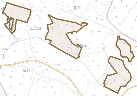 三ツ木とその周辺の地図。町の範囲を重ねている