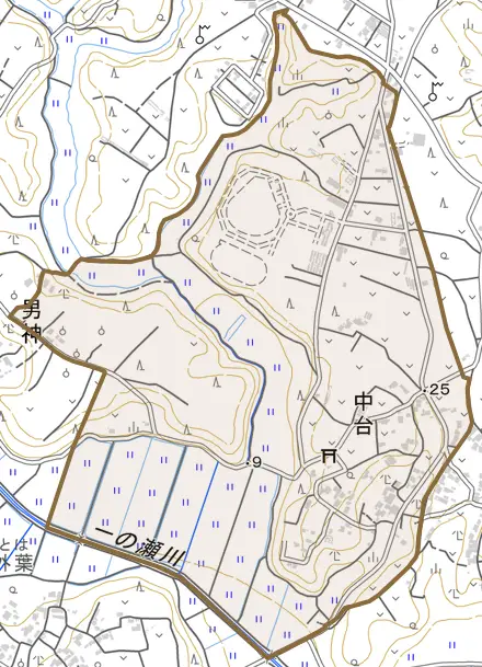 中台とその周辺の地図。町の範囲を重ねている