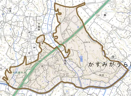中佐谷とその周辺の地図。町の範囲を重ねている
