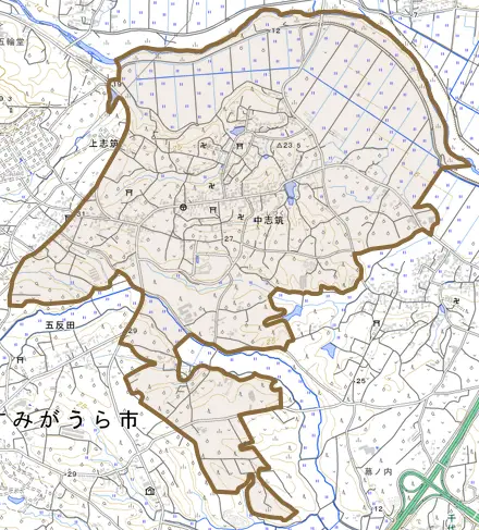 中志筑とその周辺の地図。町の範囲を重ねている