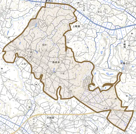 西成井とその周辺の地図。町の範囲を重ねている