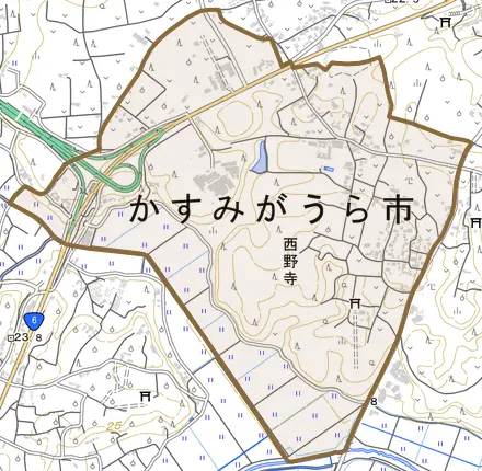 西野寺とその周辺の地図。町の範囲を重ねている