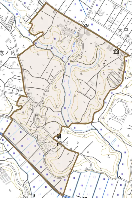 男神とその周辺の地図。町の範囲を重ねている