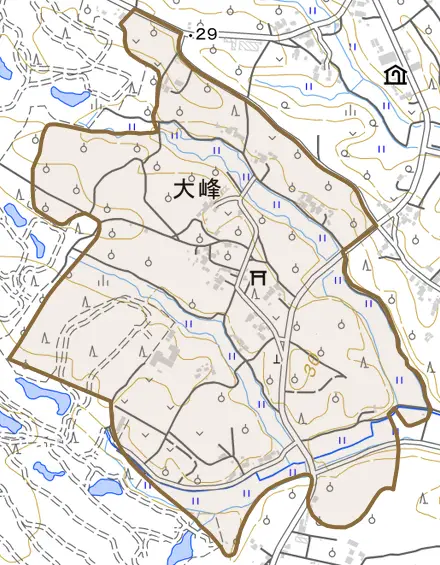 大峰とその周辺の地図。町の範囲を重ねている
