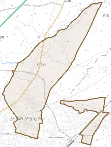 下稲吉とその周辺の地図。町の範囲を重ねている