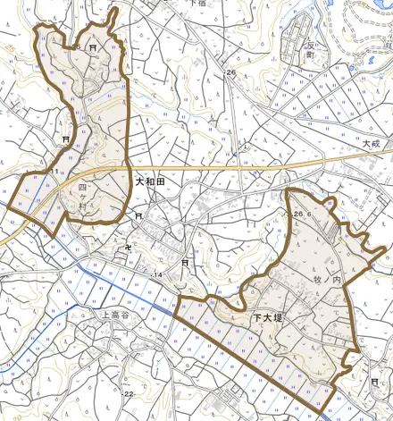 下大堤とその周辺の地図。町の範囲を重ねている