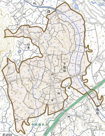 下佐谷とその周辺の地図。町の範囲を重ねている