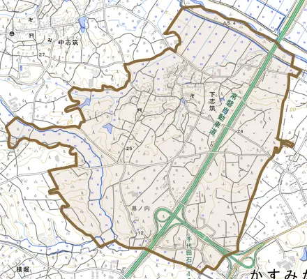 下志筑とその周辺の地図。町の範囲を重ねている