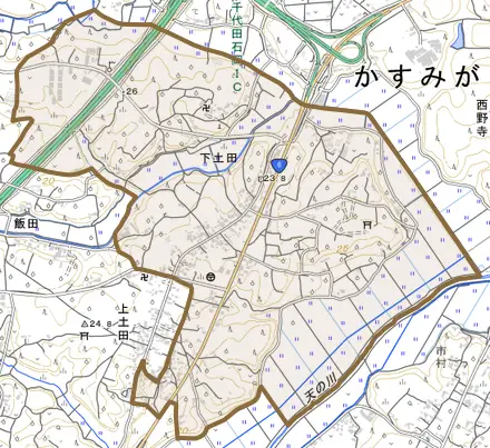 下土田とその周辺の地図。町の範囲を重ねている