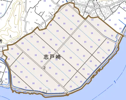 志戸崎とその周辺の地図。町の範囲を重ねている
