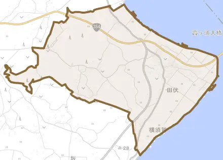 田伏とその周辺の地図。町の範囲を重ねている