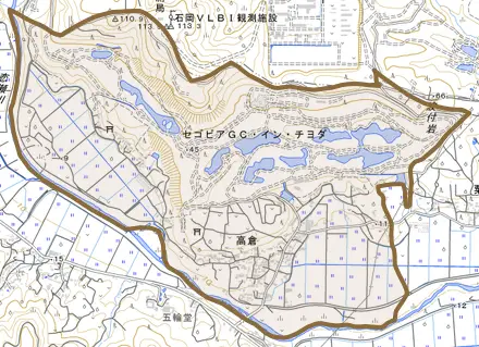 高倉とその周辺の地図。町の範囲を重ねている