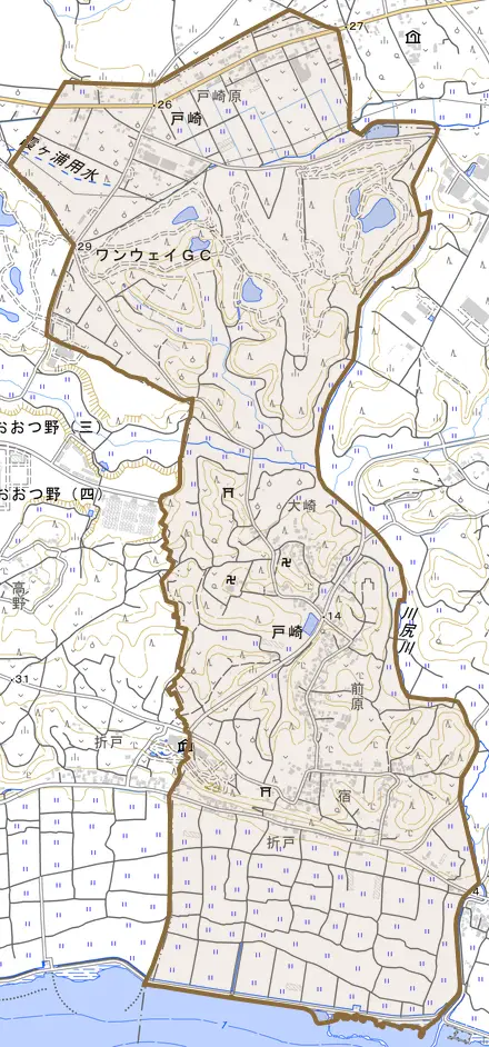 戸崎とその周辺の地図。町の範囲を重ねている