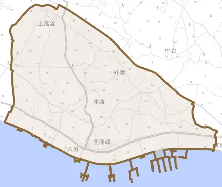 牛渡とその周辺の地図。町の範囲を重ねている