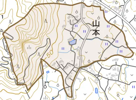 山本とその周辺の地図。町の範囲を重ねている