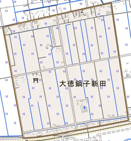大徳鍋子新田とその周辺の地図。町の範囲を重ねている