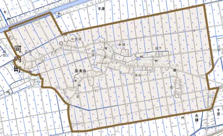 源清田とその周辺の地図。町の範囲を重ねている