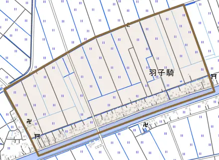 羽子騎とその周辺の地図。町の範囲を重ねている