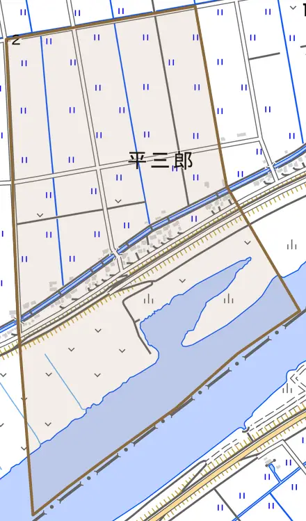 平三郎とその周辺の地図。町の範囲を重ねている