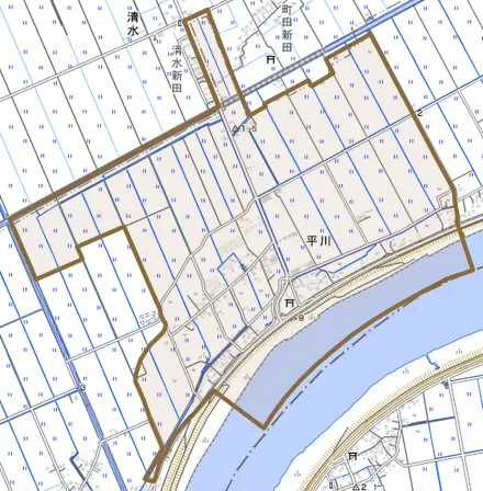 平川とその周辺の地図。町の範囲を重ねている