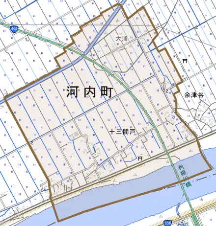 十三間戸とその周辺の地図。町の範囲を重ねている