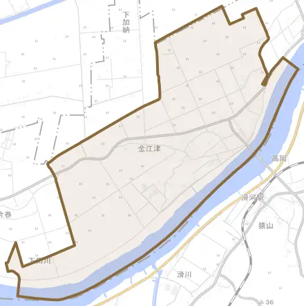 金江津とその周辺の地図。町の範囲を重ねている