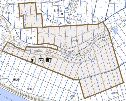 片巻とその周辺の地図。町の範囲を重ねている