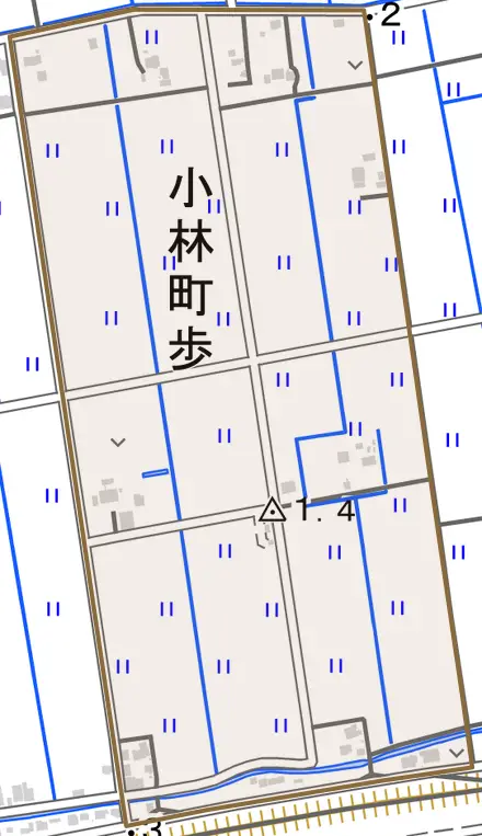小林町歩とその周辺の地図。町の範囲を重ねている