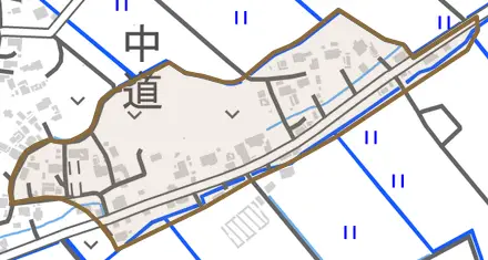 幸谷とその周辺の地図。町の範囲を重ねている