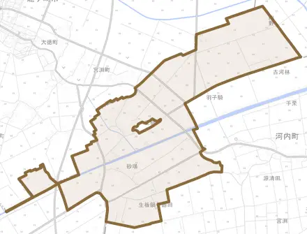 生板とその周辺の地図。町の範囲を重ねている