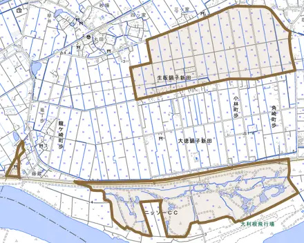 生板鍋子新田とその周辺の地図。町の範囲を重ねている