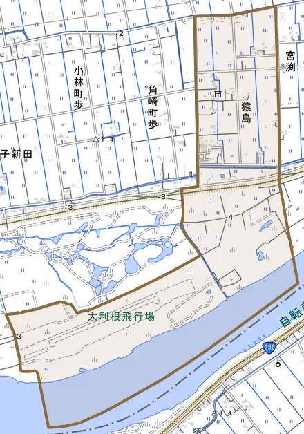 猿島とその周辺の地図。町の範囲を重ねている