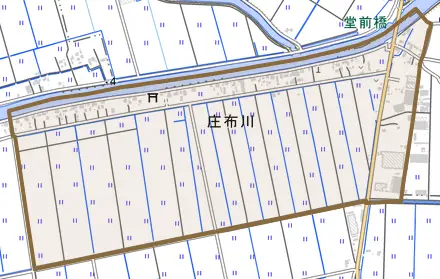 庄布川とその周辺の地図。町の範囲を重ねている
