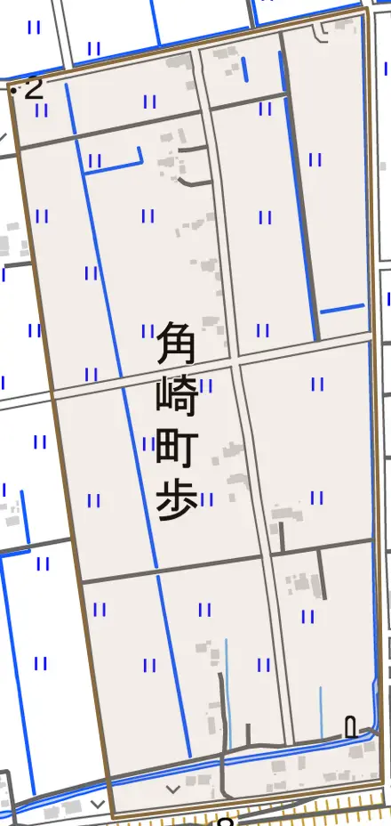 角崎町歩とその周辺の地図。町の範囲を重ねている