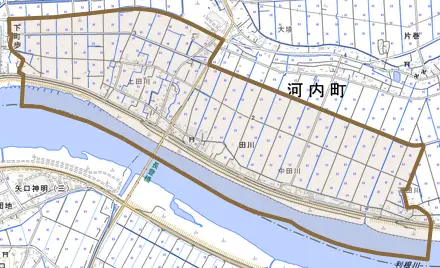 田川とその周辺の地図。町の範囲を重ねている