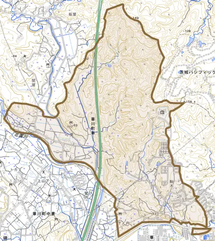 華川町車とその周辺の地図。町の範囲を重ねている