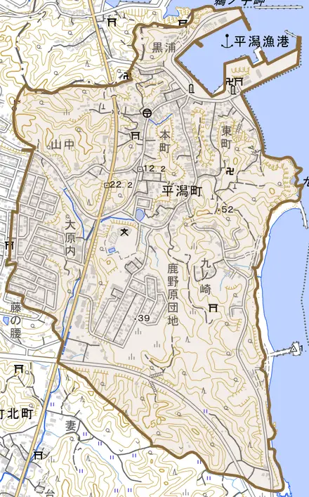 平潟町とその周辺の地図。町の範囲を重ねている