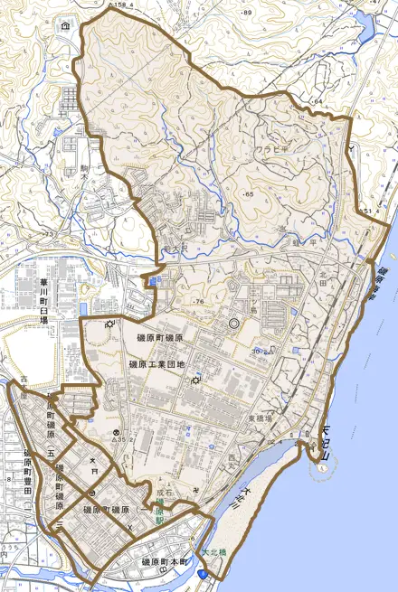 磯原町磯原とその周辺の地図。町の範囲を重ねている
