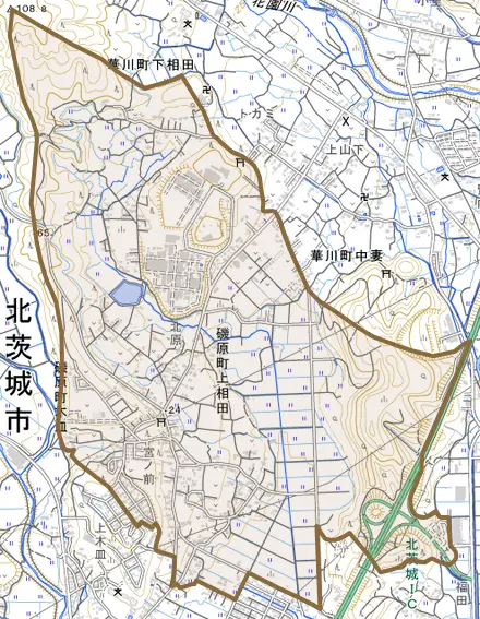 磯原町上相田とその周辺の地図。町の範囲を重ねている