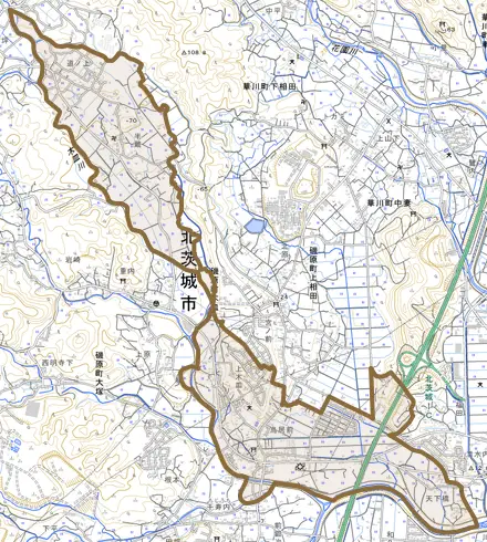 磯原町木皿とその周辺の地図。町の範囲を重ねている