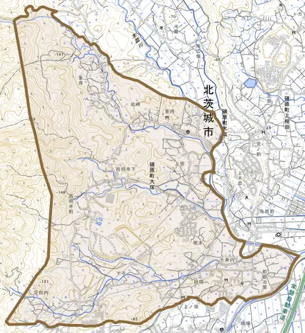 磯原町大塚とその周辺の地図。町の範囲を重ねている