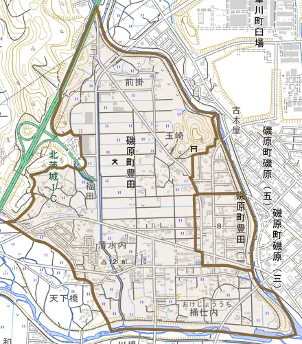 磯原町豊田とその周辺の地図。町の範囲を重ねている
